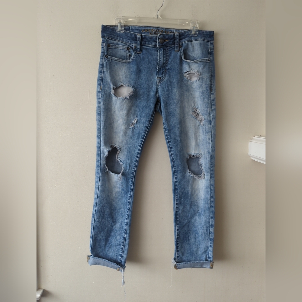 American Eagle Men's 32x30 Skinny 360 Extreme Flex Distressed Blue Jeans Y2K